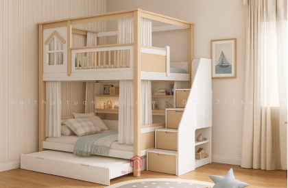 Giường 3 tầng gỗ sồi tự nhiên mẫu mới GT6870