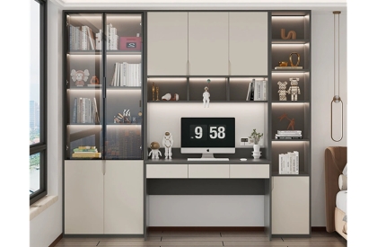 Hệ bàn học liền giá sách to kết hợp cánh kính khung viền nhôm hiện đại BH6872